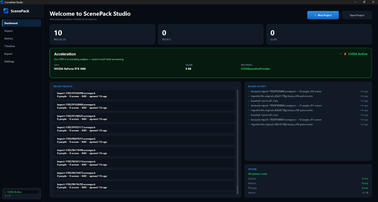 ScenePack Studio dashboard with recent projects