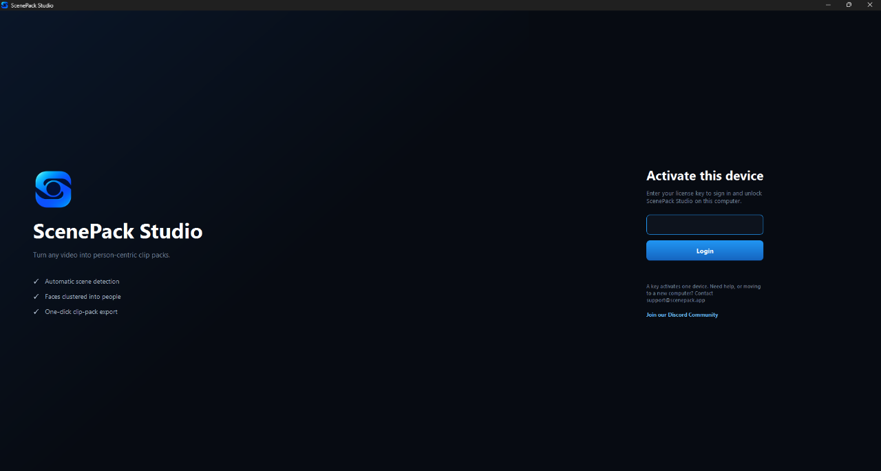 ScenePack Studio license activation screen